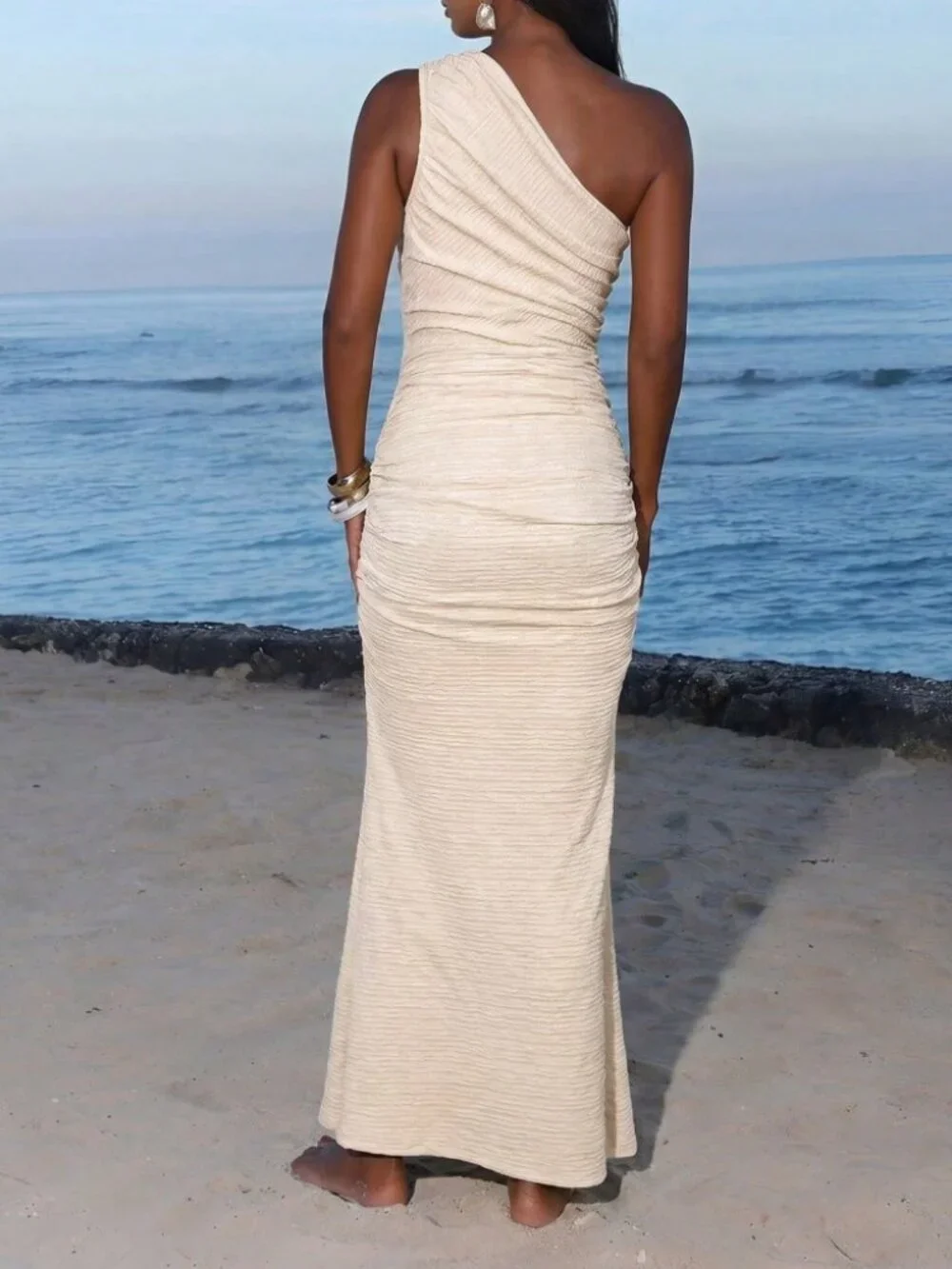 Cream Textured Knit One-Shoulder Rope Appliqué Draped Mermaid Maxi Dress